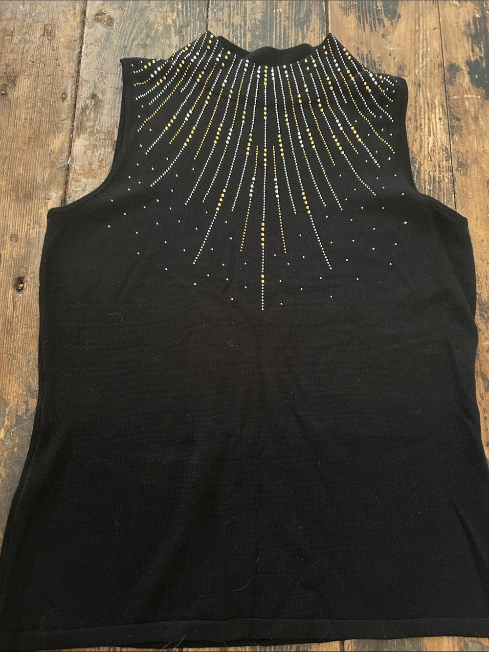Tahari Black Sleeveless Mock Neck Top with Gold & Silver Stud Accents. NWOT